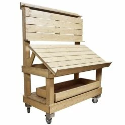 Bon marché ⭐ Présentoir Bois Vieilli + Bac Coulissant + Fourreaux + Roulettes 120x73x157 Cm ⌛