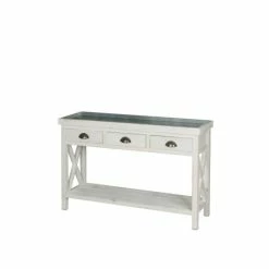 Promo ???? Table Console Fleuriste Blanc Avec Plateau Zinc 110x39x75 TRADIS ✨