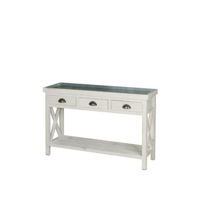 Promo ???? Table Console Fleuriste Blanc Avec Plateau Zinc 110x39x75 TRADIS ✨ 1 Promo ???? Table Console Fleuriste Blanc Avec Plateau Zinc 110x39x75 TRADIS ✨